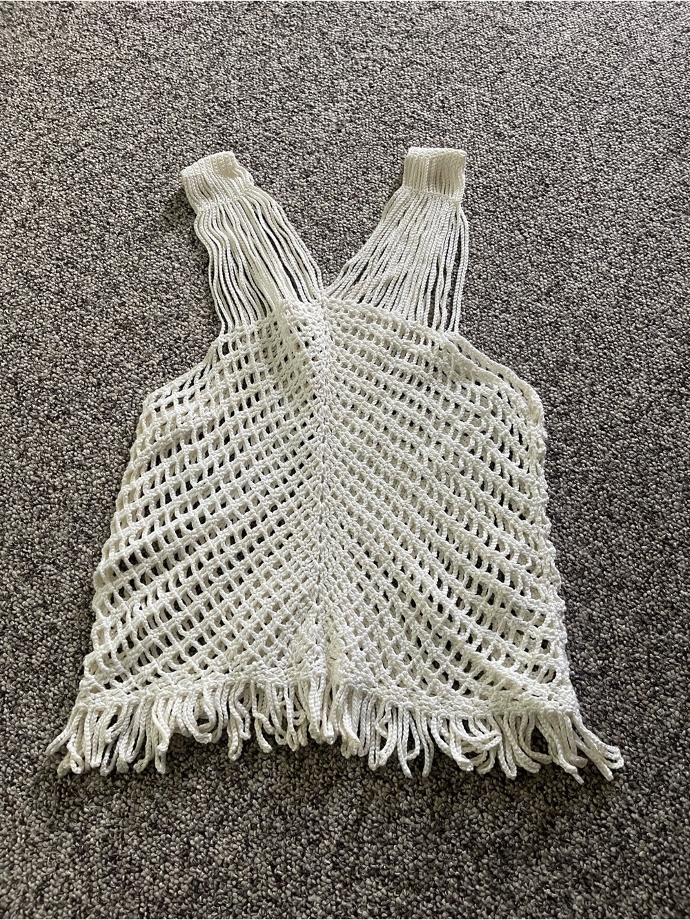 Coachella Boho Handmade Crochet Fringe Hem White Sweater Sleeveless Top Vest XS